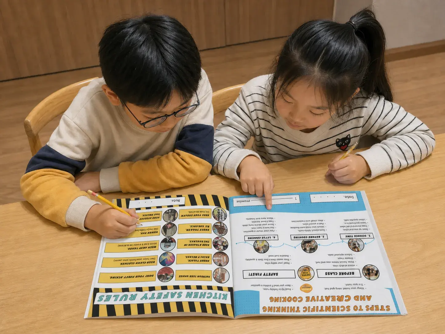 두 아이가 주방 안전 규칙과 수업 순서가 펼쳐진 워크북에 연필로 적고 있다.
