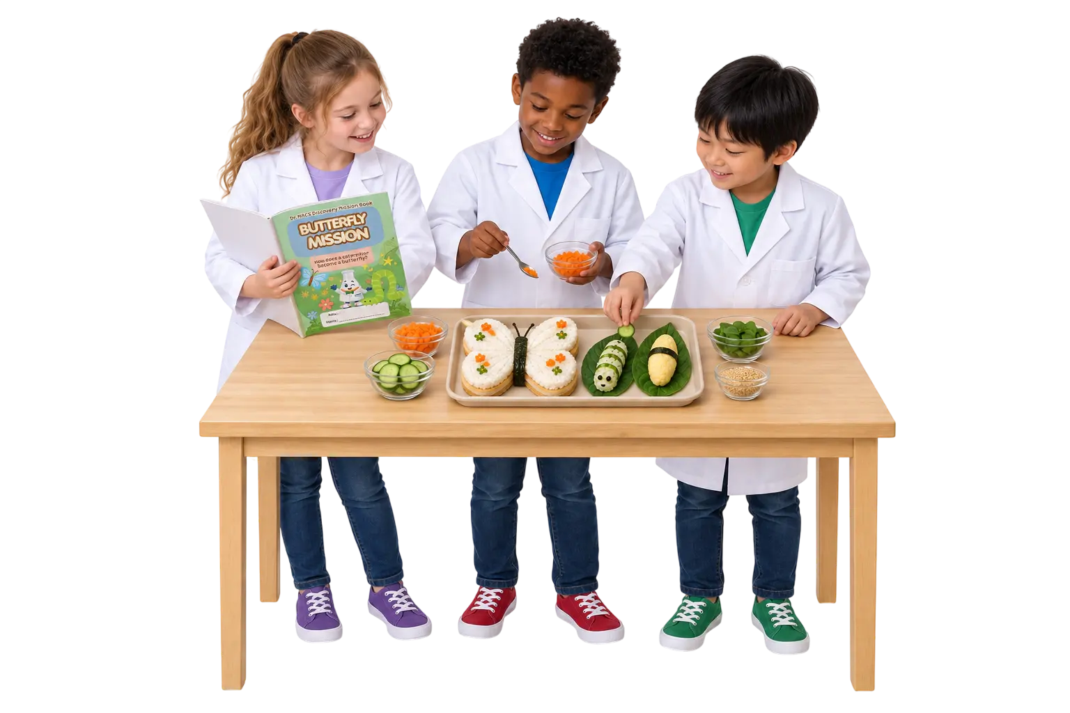 Three children in lab coats exploring the butterfly life cycle with an edible model and a real science workbook.