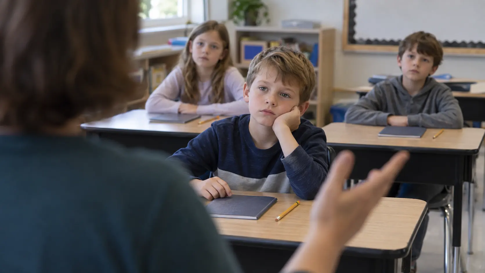 A bored white child facing a teacher who lectures from the front of the classroom.