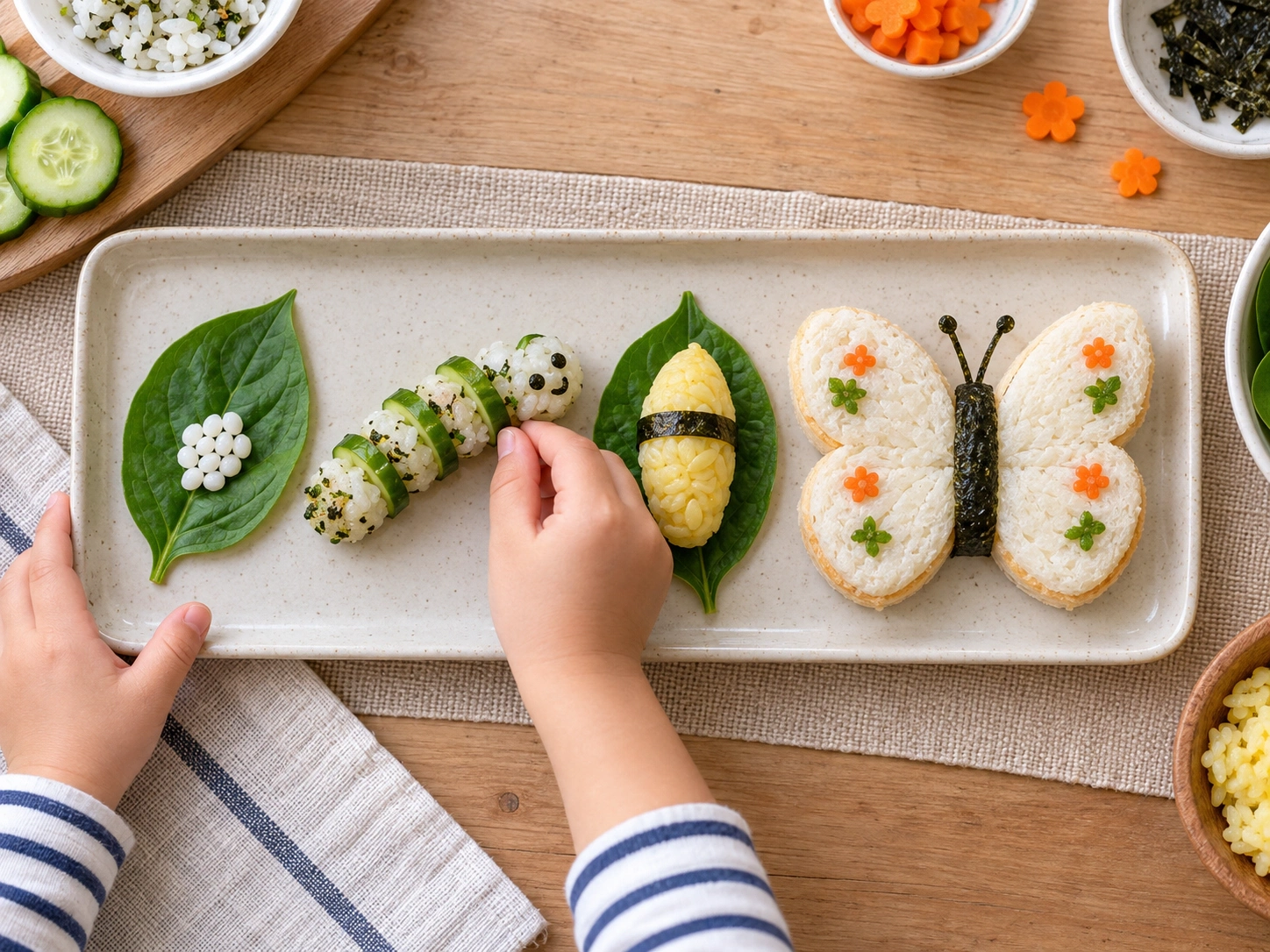A child arranges edible butterfly life-cycle models made from rice and vegetables.