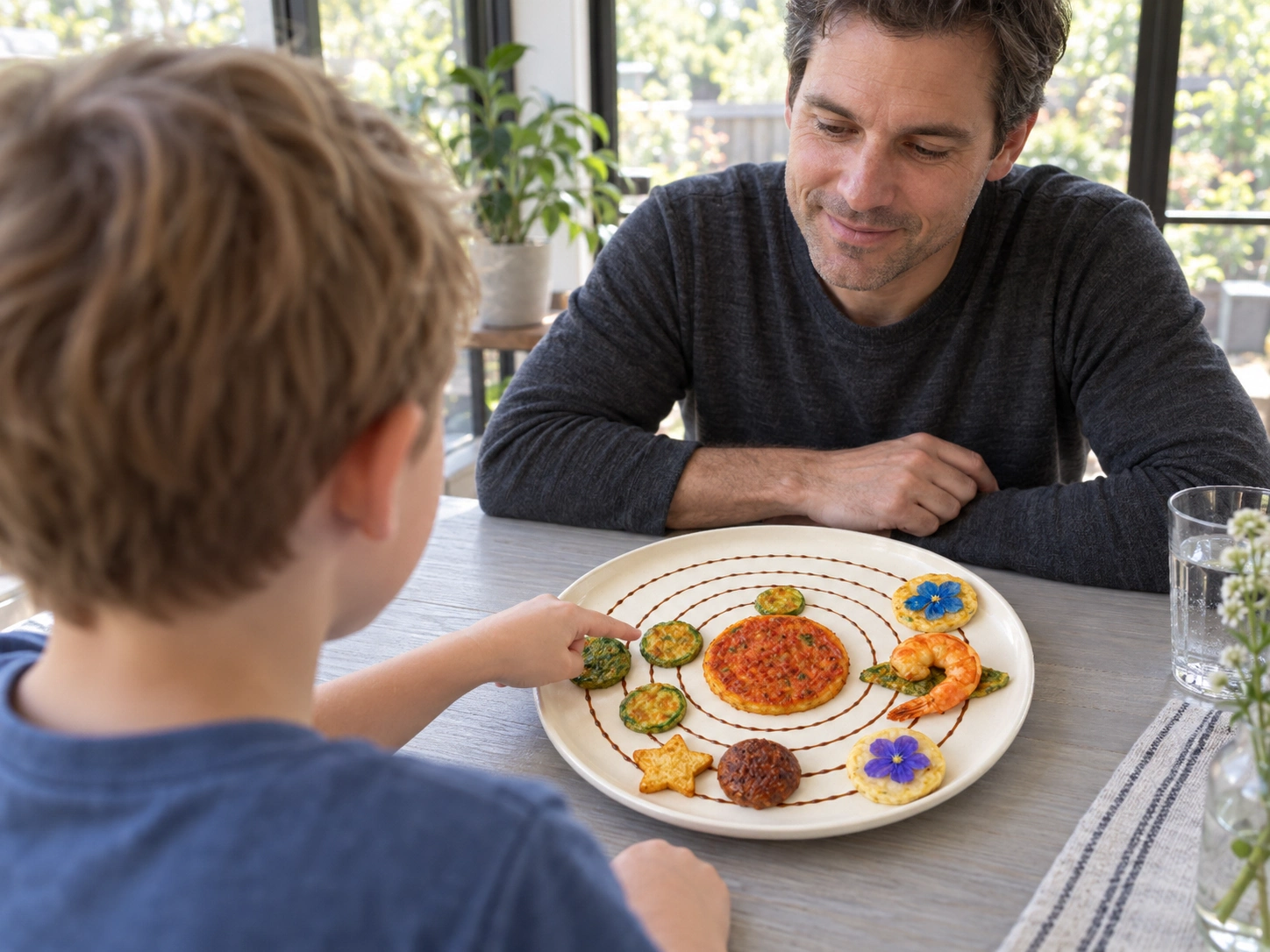 A child and parent examine a savory pancake model of the solar system.