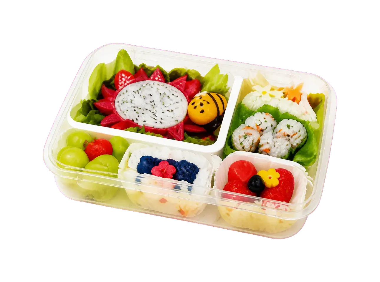 아이가 완성한 도시락. 칸마다 나비 모양 주먹밥과 과일, 채소가 담겨 있다.
