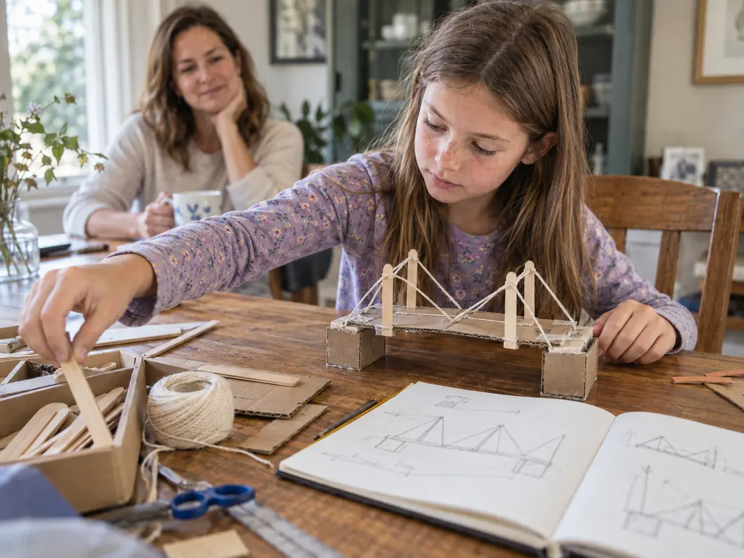 A child drawing a plan and building a structure with wooden sticks and cardboard.