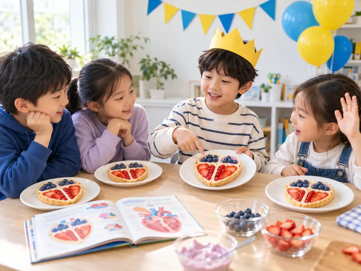 자기 파르페를 가리키는 생일 주인공과 턱을 괴고 듣는 친구들