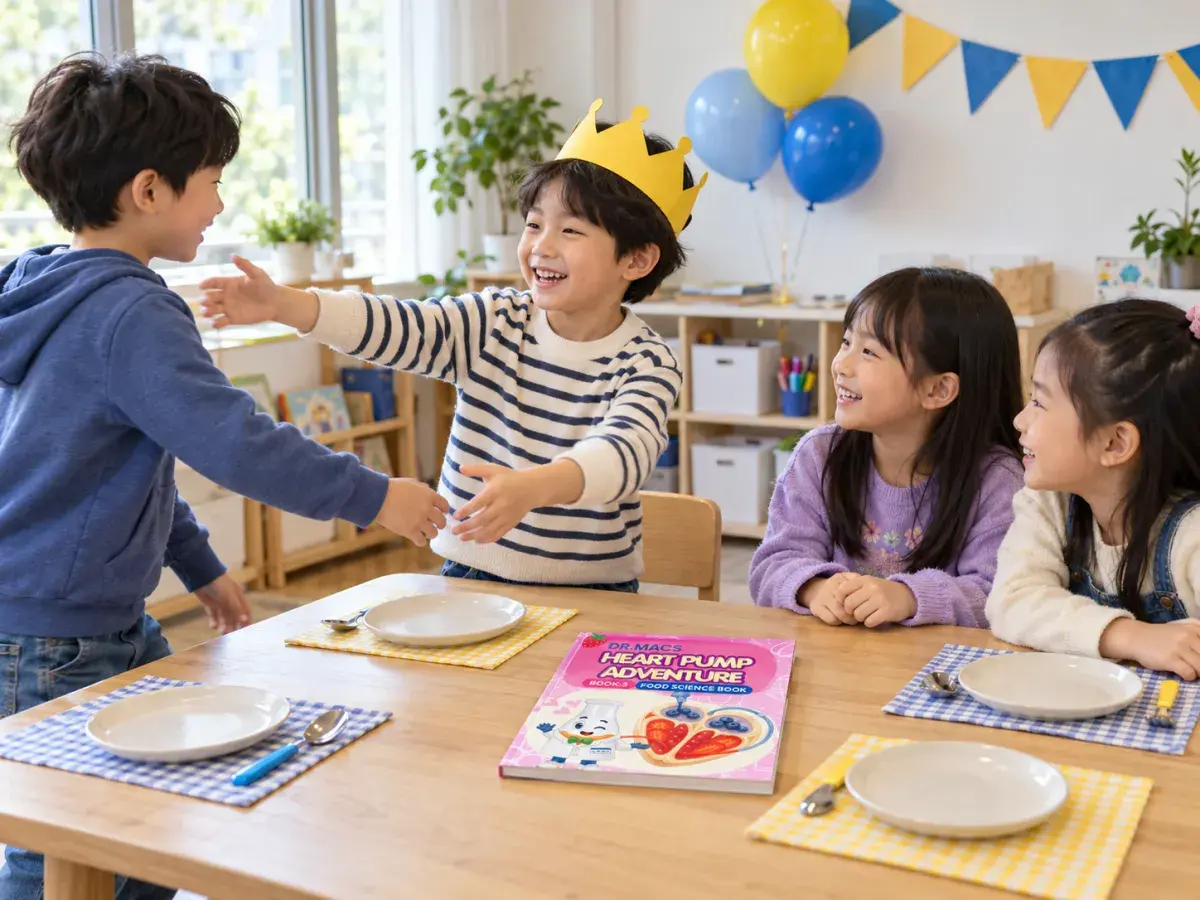 심장 워크북이 놓인 테이블 앞에서 친구에게 손을 내밀어 인사하는 생일 주인공
