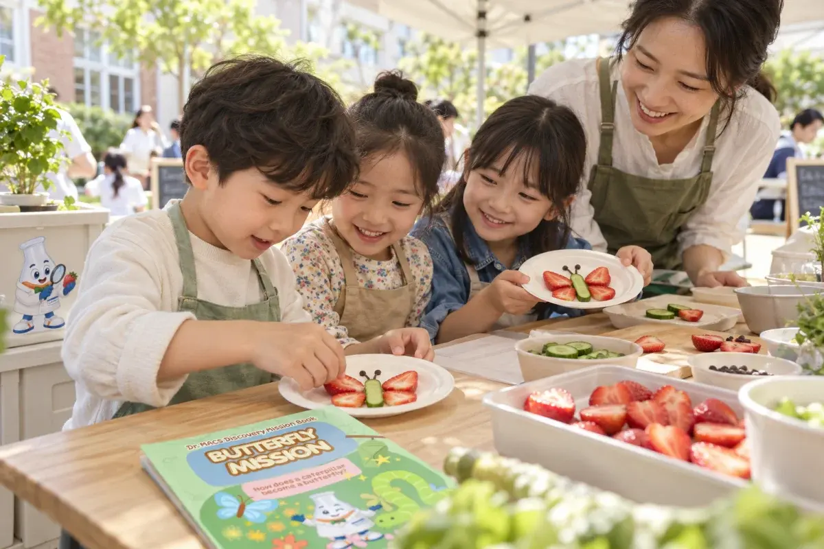 야외 천막 아래에서 선생님과 함께 딸기와 오이로 나비 접시를 만드는 아이들
